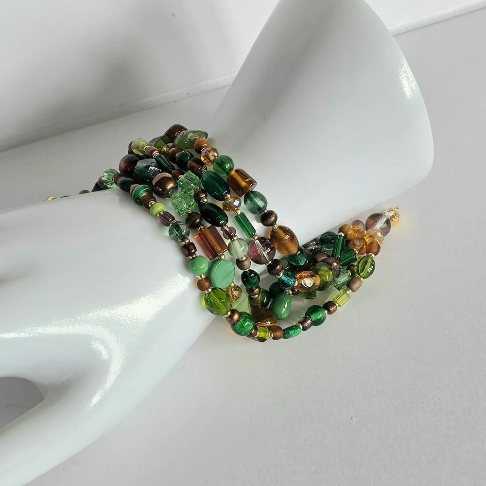 Multi Strand Glass and Wooden Beaded Bracelet Forest Green Amber Gold Magnetic